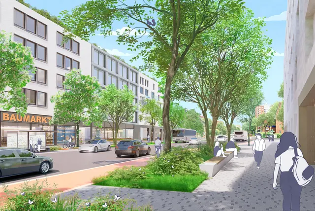 So könnte die B73 nach den Vorstellungen der Hamburger Verkehrsbehörde nach einem Rückbau auf zwei Spuren aussehen. Das Beispiel zeigt einen Straßenabschnitt in Neugraben (Fahrtrichtung Hamburg kurz vor dem Bahnhof) | Foto: ARGE Magistrale Gutachten