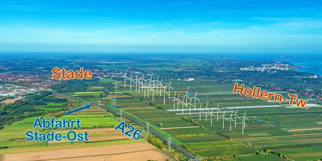 Das Luftbild zeigt den Bereich, der möglicherweise für Windkraft ausgewiesen werden könnte. Die Windräder sind aus Darstellungsgründen deutlich überhöht. Die Zahl und Lage der Anlagen ist nur symbolisch und entspricht nicht den Planungen | Foto: Martin Elsen/nord-luftbilder.de/jd