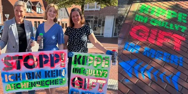 Sabine Kiehl von der Abfallberatung des Landkreises Stade (v. li.) sowie Catharina Wenzel und Mareike Wilshusen von der Samtgemeinde Harsefeld machen mit der Graffitiaktion auf die neue Kampagne aufmerksam | Foto: Landkreis Stade / Florian Obst