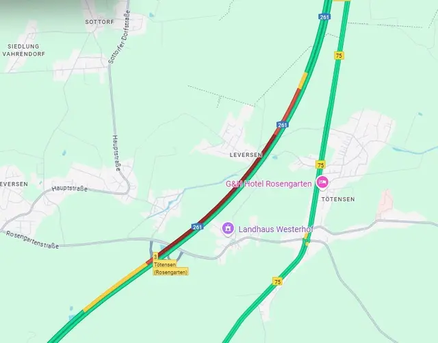 Ständig dunkelrot: Wegen der Bauarbeiten zeigt Google Maps einen Stau auf der A261 - fast den ganzen Tag  | Foto: Google Maps