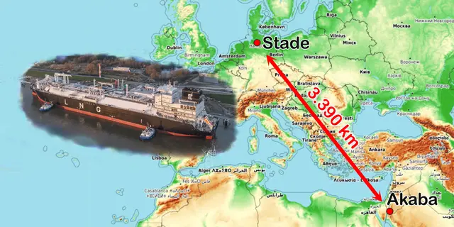 Das schwimmende LNG-Terminal "Energos Force" befindet sich derzeit fast 3.400 Kilometer Luftlinie von Stade entfernt - Akaba (Jordanien) | Foto: DET/OpenTopo Map; jd