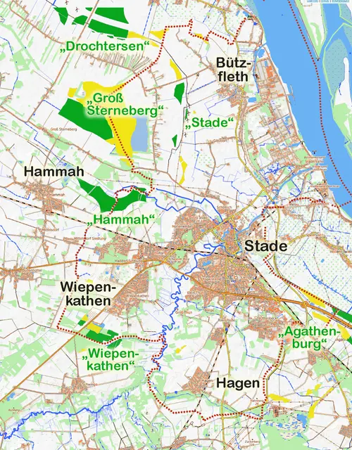 Die Karte zeigt die Windkraft-Vorranggebiete (grün), die laut RROP-Entwurf auf dem Gebiet des Hansestadt Stade ausgewiesen werden. Die in Gelb dargestellten Potenzialflächen entfallen | Foto: OpenTopoMap/jd