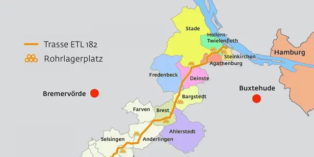Die Kartenskizze zeigt, durch welche Kommunen im Landkreis Stade die Erdgasleitung verläuft | Foto: Gasunie
