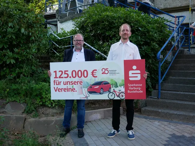 Sönke Fenz (li., Dritter Vorsitzender des SV Holm-Seppensen) und Henrik Behrndt (Erster Vorsitzender) nahmen den Scheck im Rahmen der Jubiläumsveranstaltung im Filmmuseum Bendestorf entgegen
 | Foto: Sparkasse Harburg-Buxtehude