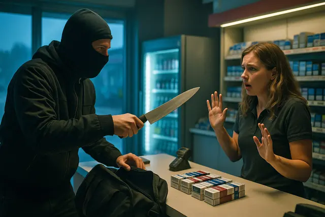 Wie hier von der KI dargestellt, könnte sich der Überfall ereignet haben: Ein maskierter Mann bedroht die Kassiererin | Foto: KI-generiert