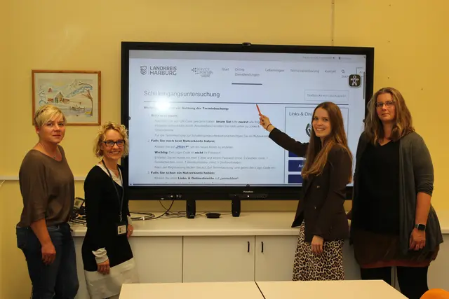 Werben für den neuen Online-Service zur
Schuleingangsuntersuchung (v. li.): Alexandra Hartmann,
Dörthe Erdmann (beide Gesundheitsamt Landkreis Harburg), und Larissa Carlsen sowie Kirsten Frank (bei ITK Harburg) | Foto: Landkreis Harburg