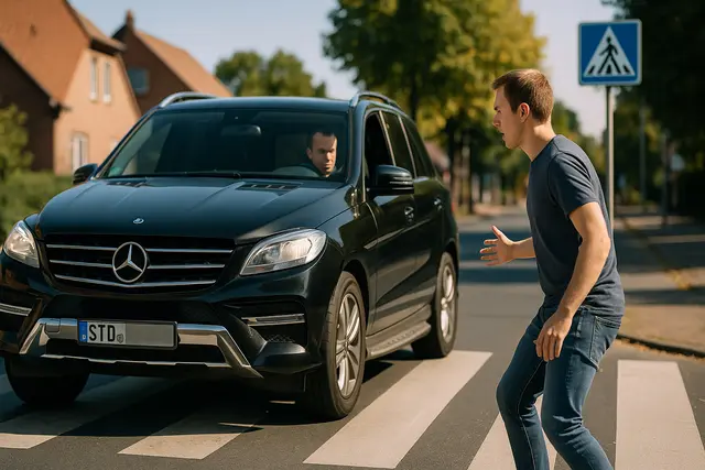 Der Fahrer eines Mercedes-SUV benahm sich an einem Zebrastreifen in Drochtersen gründlich daneben (Symbolbild) | Foto: KI-generiert