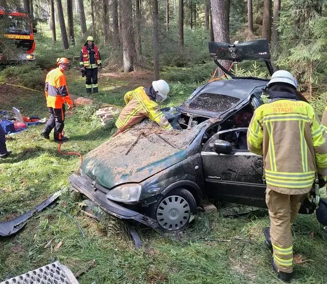 Der Einsatzort mitten in einem Wald bei Dollern. Personen müssen aus Autos befreit werden | Foto: Feuerwehr