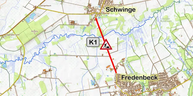 Die K1 zwischen Fredenbeck und Schwinge (rote Strecke) wird für rund drei Wochen gesperrt | Foto: OpenTopoMap/jd