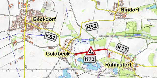 Die K73 zwischen Goldbeck und Rahmstorf (rote Strecke) wird in einem Zeitraum von drei Wochen saniert | Foto: OpenTopoMap/jd