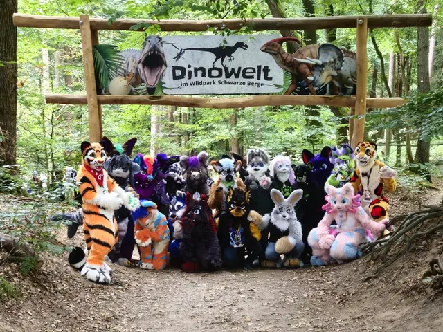 Fantasievoll verkleidet: Furries sorgten im Wildpark Schwarze Berge für gute Stimmung – gemeinsam mit Dino-Maskottchen Lexi | Foto: M. Rudolph