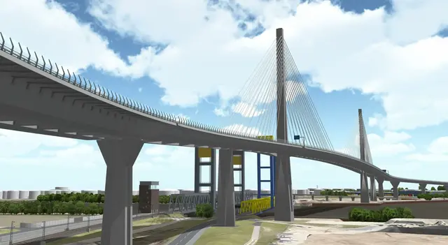 Das imposanteste Bauprojekt der geplanten A26 Ost ist die Süderelbbrücke zwischen Moorburg und der Hohen Schaar. Die bestehende Kattwykbrücke (blau-gelb) verschwindet hinter dem Neubau. Es dürfte nun viele weitere Jahre dauern, bis das Projekt A26 Ost umgesetzt wird | Foto: Visualisierung: DEGES