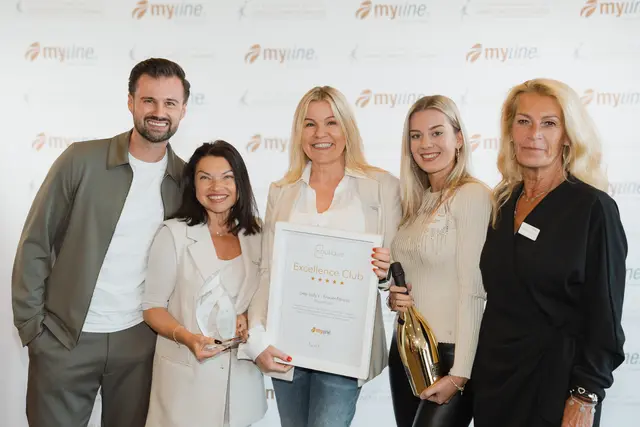 Glückliche Gesichter bei der Auszeichnung (v. li.): Eric Herforth (Geschäftsführer Myline Deutschland), Trainerin Monika Meyer, Inhaberin Agnes Kern, Studentin Jolina Kushov und Manuela Prochazka (Coach myline) | Foto: PEP LADY'S