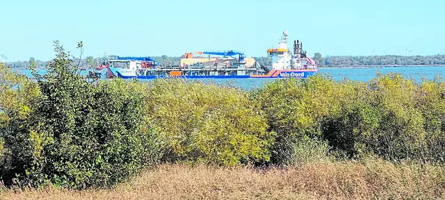 Der Saugbagger auf der Elbe am Krautsander Anleger | Foto: ig