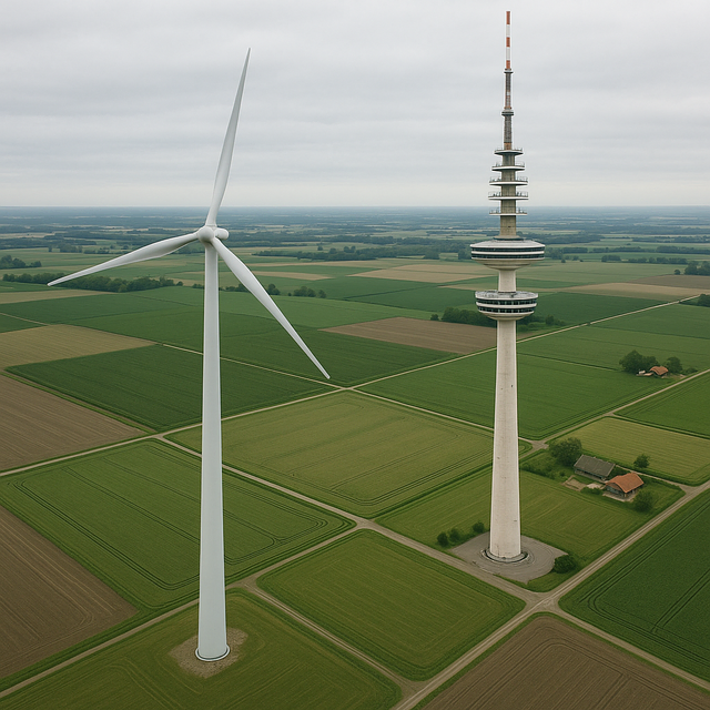 Die Bürgerinitiative "Gegenwind Hollenstedt" vergleicht die 250 Meter hohen Windkraftanlagen mit dem Hamburger Fernsehturm (279 Meter). WOCHENBLATT-Redakteur Jörg Dammann macht die Dimensionen per KI-erzeugtem Bild deutlich | Foto: jd / chatGPT