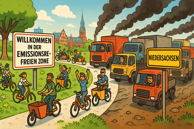 Ist das die Zukunft? Hamburg wird zur klimafreundlichen "Lastenradzone", während sich das niedersächsische Umland mit zusätzlichem Verkehr und mehr Industrie-Emissionen herumschlagen muss | Foto: KI-generiert