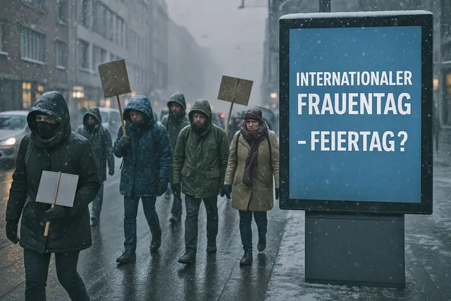 Der Internationale Frauentag am 8: März soll nach dem Willen der Gewerkschaft Ver.di Feiertag in Niedersachsen werden. Da kann es passieren, dass eine Demo für Frauenrechte bei nasskaltem Winterwetter stattfindet | Foto: KI-generiert