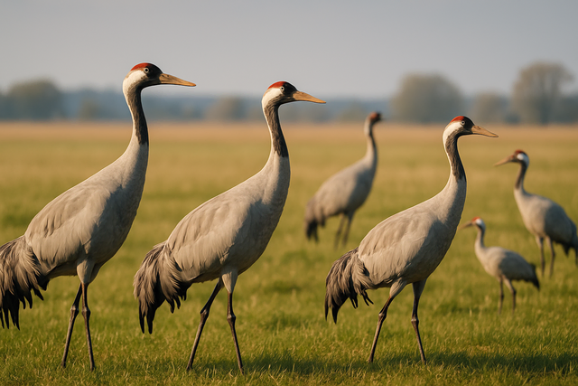Kraniche sind im Landkreis Stade in diesem Jahr erstmals von der Geflügelpest betroffen. Die Tiere leiden besonders stark unter der tödlichen Krankheit | Foto: KI-generiert