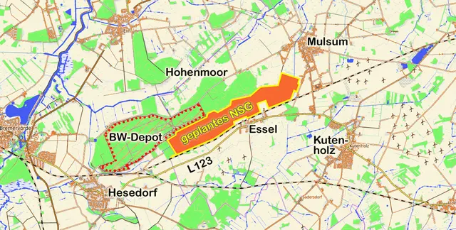 Das geplante Naturschutzgebiet "Esseler Moor" (orangefarbene Fläche) umfasst 368 Hektar | Foto: OpenTopoMap/jd
