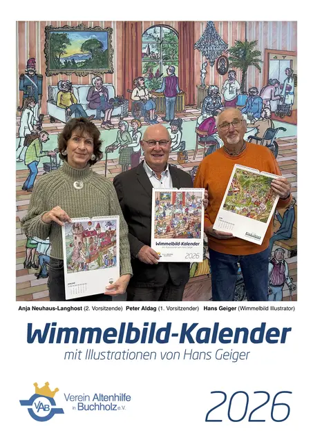 Anja Neuhaus-Langhost, Peter Aldag und Illustrator Hans Geiger präsentieren den neuen Wimmelbild-Kalender 2026 des Vereins Altenhilfe in Buchholz | Foto: Verein Altenhilfe
