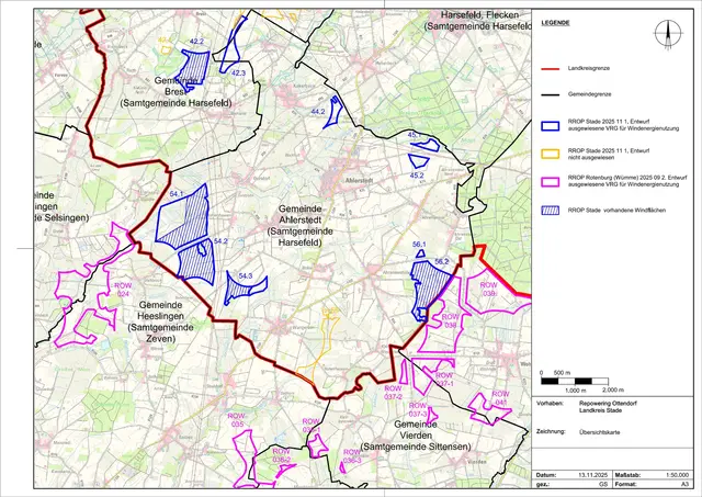 Die Karte zeigt die Windflächen in der Gemeinde Ahlerstedt und die angrenzenden Windflächen im LK Rotenburg  | Foto: Gemeinde Ahlerstedt