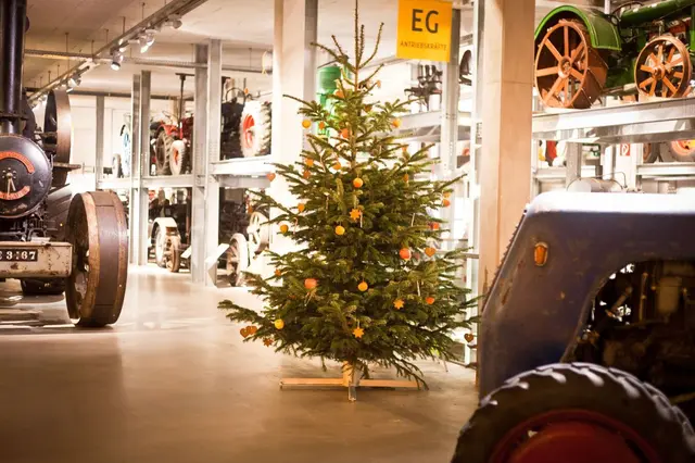 Geschmückter Weihnachtsbaum im Agrarium des Freilichtmuseums am Kiekeberg.
