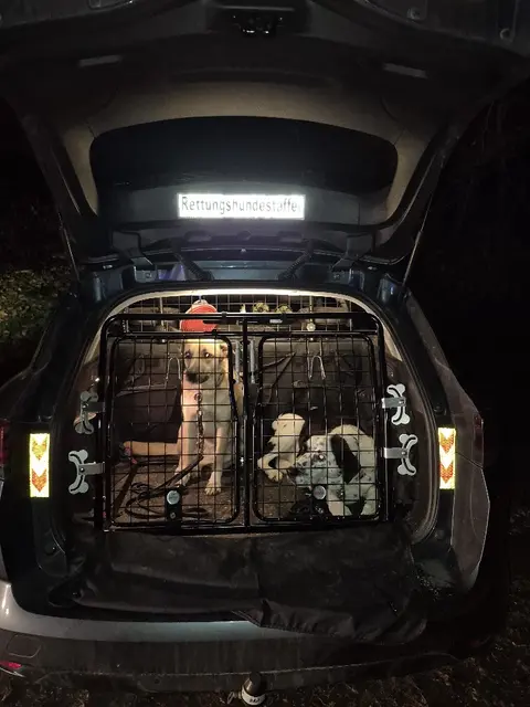 Geschafft: Rettungshund Jadoo (re.) ruht sich nach dem "Einsatz in seiner Box aus, "Azubi" Maddy möchte auch suchen | Foto: pöp