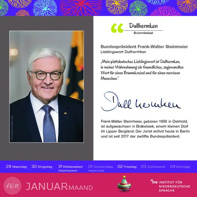 "Dullhermken", was übersetzt Brummkreisel bedeutet, ist das plattdeutsche Lieblingswort von Bundespräsident Frank-Walter Steinmeier | Foto: Institut für niederdeutsche Sprache