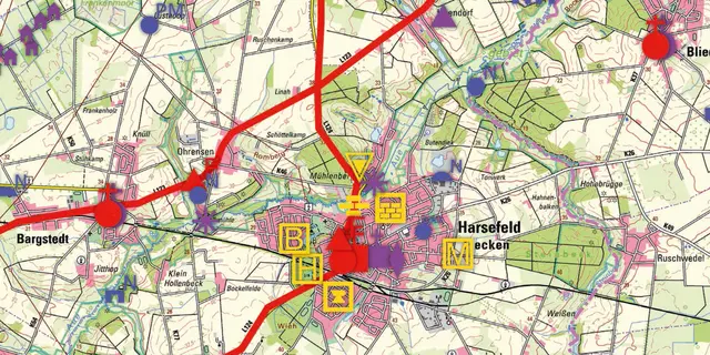 Ausschnitt aus einem der Kartenblätter: Dargestellt sind die historischen Stätten in Harsefeld. Die roten Symbole weisen auf Gebäude aus dem Mittelalter hin. Gelb sind historische bedeutende Bauten aus der Neuzeit dargestellt | Foto: Landschaftsverband
