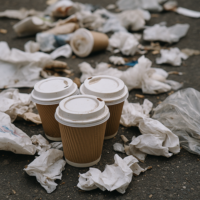 Mit der Verpackungssteuer soll u.a. der Müll durch Einweg-Becher reduziert werden, das schont die Umwelt und reduziert Folgekosten durch Müllentsorgung | Foto: KI-generiert