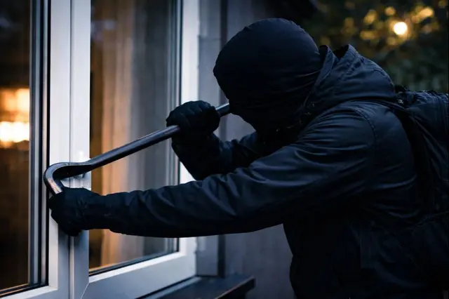 Einbrecher versucht mit einer Brechstange ein Fenster aufzuhebeln - Symbolbild | Foto: jvp_ChatGPT