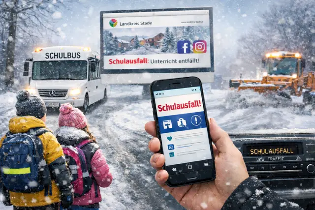 Der Landkreis Stade informiert bei winterlichem Schulausfall über mehrere Kanäle (Social Media, Internet, Radio) | Foto: KI-generiert