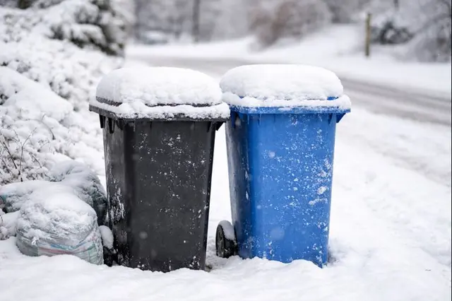 Mülltonnen und Müllsäcke können aufgrund des winterlichen Wetters in einigen Bereichen nur verspätet entsorgt werden_Symbolbild | Foto: jvp_ChatGPT