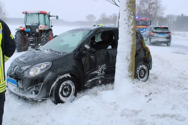 Der Twingo prallte zwischen Bokel und Wangersen gegen einen Baum | Foto: Jürgen Bockelmann / Pressesprecher FF Harsefeld