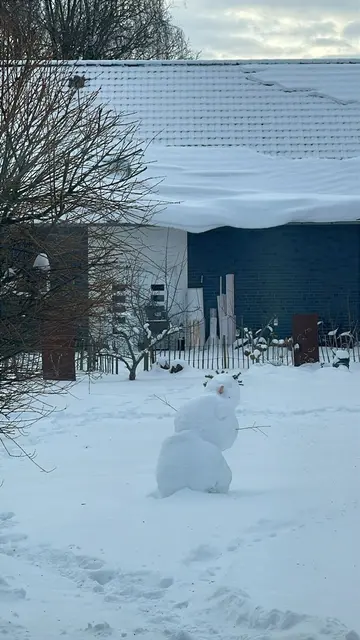 Ein Schneemann im Vorgarten wirkt harmlos – auf den Dächern im Hintergrund haben sich jedoch teils große Schneemengen angesammelt | Foto: Jessica Wichers