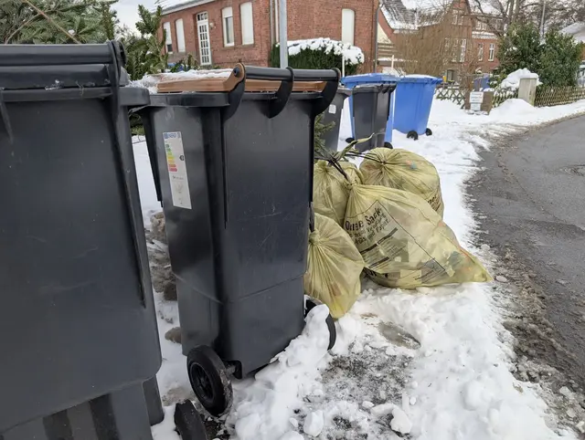 Gelbe Säcke, Restmüll-, Biomüll und Papiertonnen standen kürzlich tagelang an den winterlich vereisten Straßen | Foto: Jan Filter