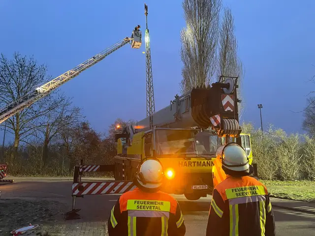In Over mussten die Feuerwehren aus Maschen und Meckelfeld  einen angefahrenen Sirenenmast auch mit Hilfe eines Telekrans entfernen | Foto: Thomas Müller/FF Maschen
