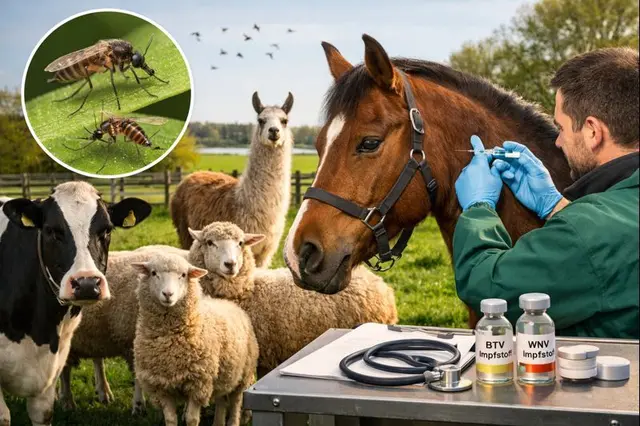 Empfängliche Tiere wie Rinder, Schafe, Ziegen und Neuweltkameliden (Lamas, Alpakas etc) sollten rechtzeitig gegen die Blauzungenkrankheit geimpft werden, Pferde gegen das West-Nil-Virus_Symbolbild | Foto: jvp_KIgeneriert