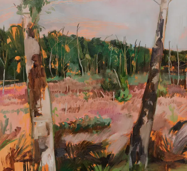 Yvette Kiessling, Königsmoor, Birken (2022, Öl auf Papier, 50 x 54 cm) | Foto: © VG Bild-Kunst Bonn