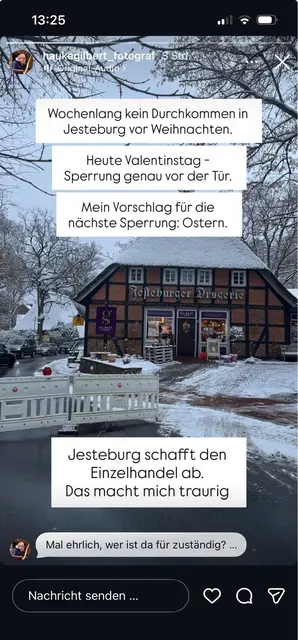 Hauke Gilbert postete seinen Ärger auf Instagram: "Jesteburg schafft den Einzelhandel ab." Und: "Mein Vorschlag für die nächste Sperrung: Ostern." | Foto: Gilbert/Instagram