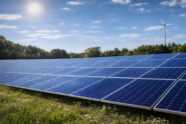 Ein Solarpark mit großflächigen Photovoltaikanlagen – ähnliche Anlagen könnten künftig auch bei Dibbersen entstehen und tausende Haushalte mit Strom versorgen | Foto: KI-generiert