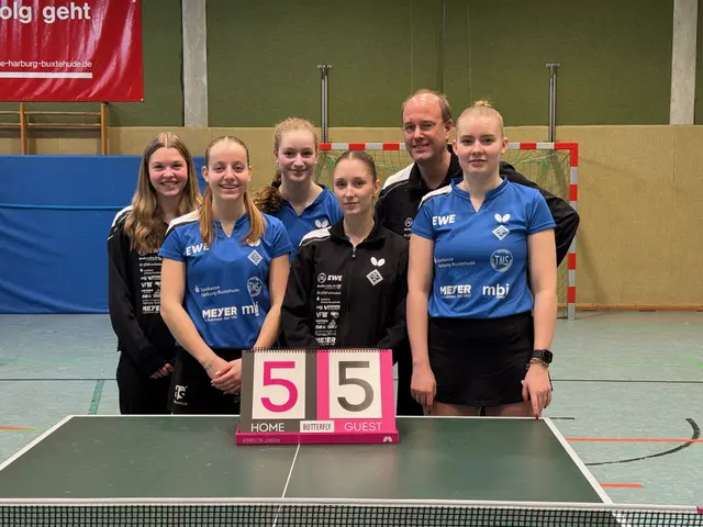 Tostedts Tischtennisfrauen mit Manager Michael Bannehr nach ihrem 5:5-Unentschieden gegen Stuttgart | Foto: MTV