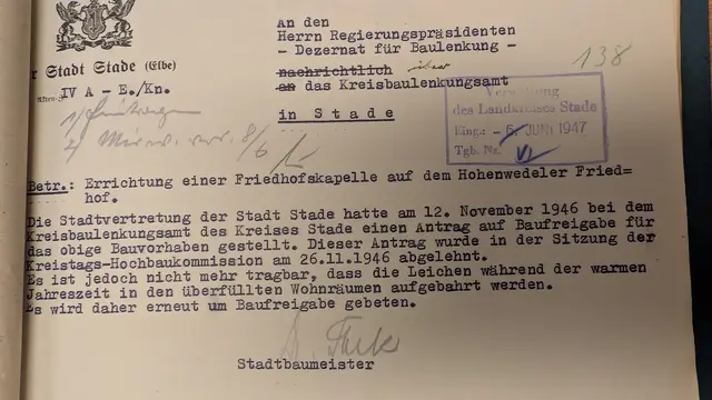 Der Stader Stadtbaumeister weist eindringlich auf die Notwendigkeit einer Friedhofskapelle hin | Foto: Stadtarchiv Stade (Foto: jd)