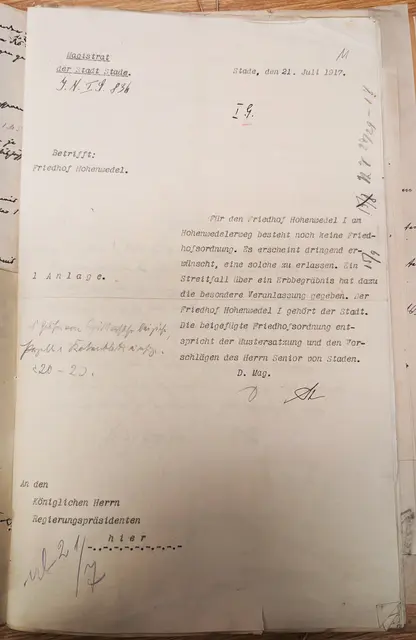 In diesem Brief wird darauf hingewiesen, dass eine Friedhofsordnung fehlt | Foto: Stadtarchiv Stade (Foto: jd)