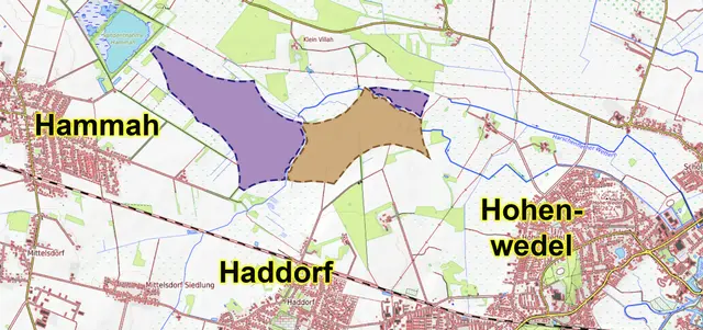 Der geplante Windpark "Haddorf - Hammah". Die braunen Flächen liegen im Stader Stadtgebiet, die lila Flächen gehören zur Gemeinde Hammah | Foto: Open Topo Map/jd