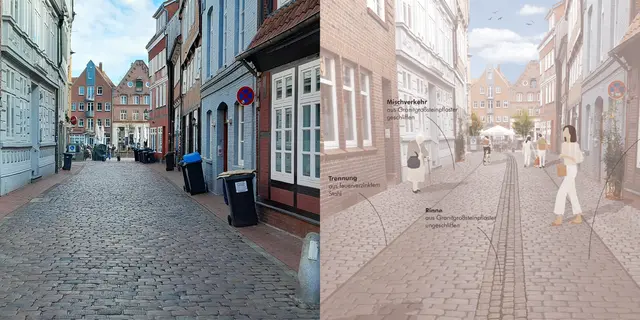 Vorher (li.) und nachher: Die Stader Bungenstraße soll nach Beendigung der Tiefbauarbeiten eine neue Optik erhalten | Foto: Hansestadt Stade/arbos Freiraumplanung GmbH