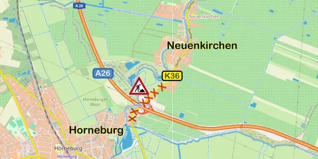 Die K36 zwischen Horneburg wird wegen Bauarbeiten gesperrt. Von der Sperrung ist auch die A26-Anschlussstelle Horneburg betroffen | Foto: OpenTopoMap/jd
