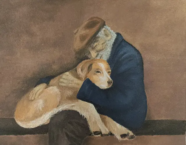 Die Künstlerin hat die Szene nicht nach einem realen Vorbild gemalt, und doch wirkt es, als kenne sie den alten Mann und seinen Hund persönlich. | Foto: IGS Buxtehude/ Kunstkurs