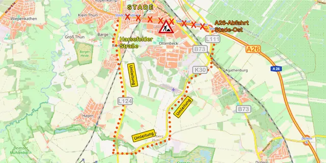 Wegen der Sperrung der B73 in Stade müssen Autofahrer die Umleitung über die K30 und L124 nehmen | Foto: OpenStreetMap/jd