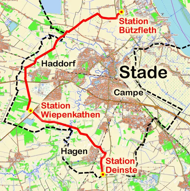 Die rote Linie zeigt den Verlauf der künftigen Gasleitung. Die Stadtgrenzen von Stade sind schwarz gestrichelt eingetragen | Foto: OpenTopoMap/jd
